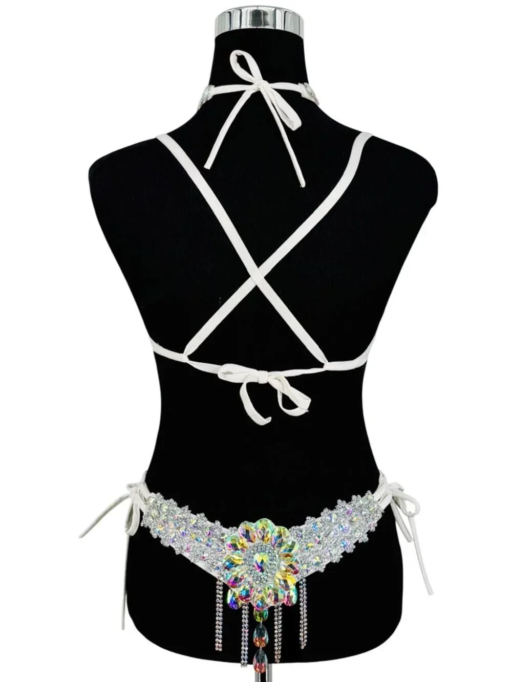 Silver Crystal Rhinestone Bra & Belt Set | Samba Coachella Rave Festival Dancer - Picture 7 of 13